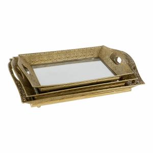 Arabic ijzer met glas dienbladset goud 52x35x8 cm- set van 3 stuks